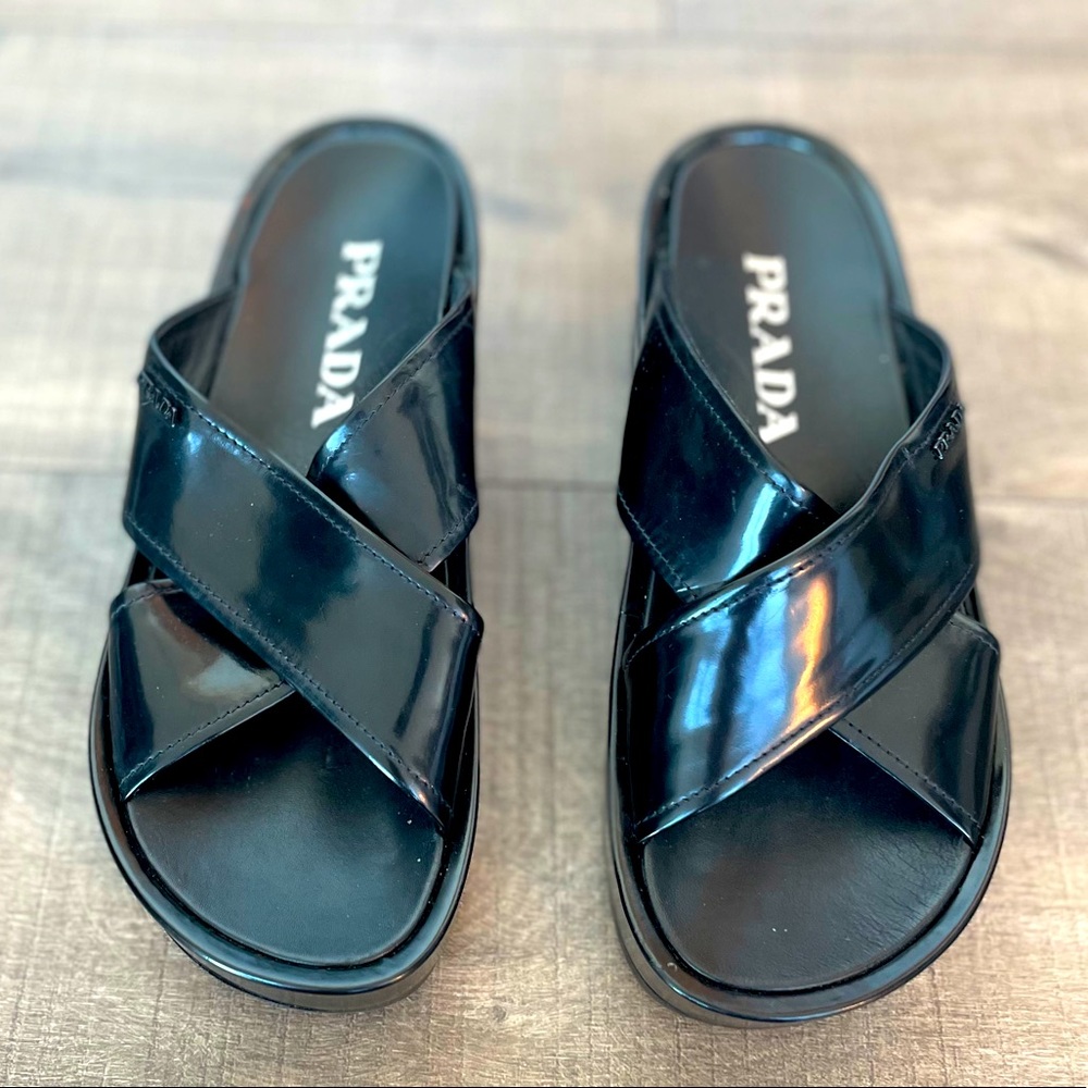 Prada Flatform Black Leather Sandals